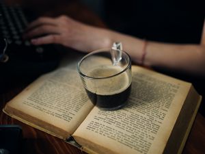 Preview wallpaper coffee, cup, book, hands, aesthetics