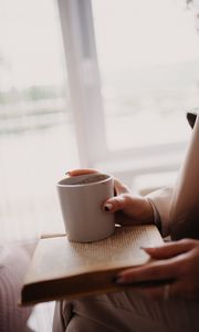 Preview wallpaper coffee, cup, book, hands