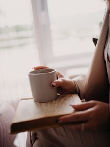 Preview wallpaper coffee, cup, book, hands