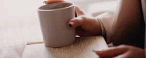 Preview wallpaper coffee, cup, book, hands
