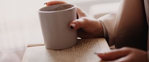 Preview wallpaper coffee, cup, book, hands