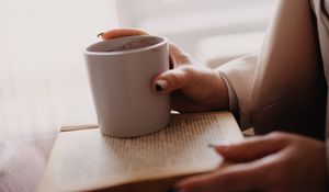 Preview wallpaper coffee, cup, book, hands