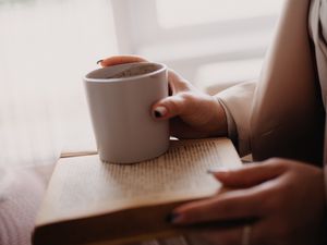 Preview wallpaper coffee, cup, book, hands