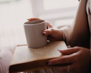 Preview wallpaper coffee, cup, book, hands