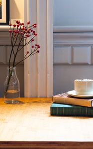 Preview wallpaper coffee, cup, books, vase, berries