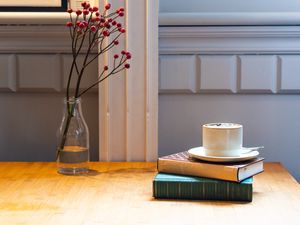 Preview wallpaper coffee, cup, books, vase, berries