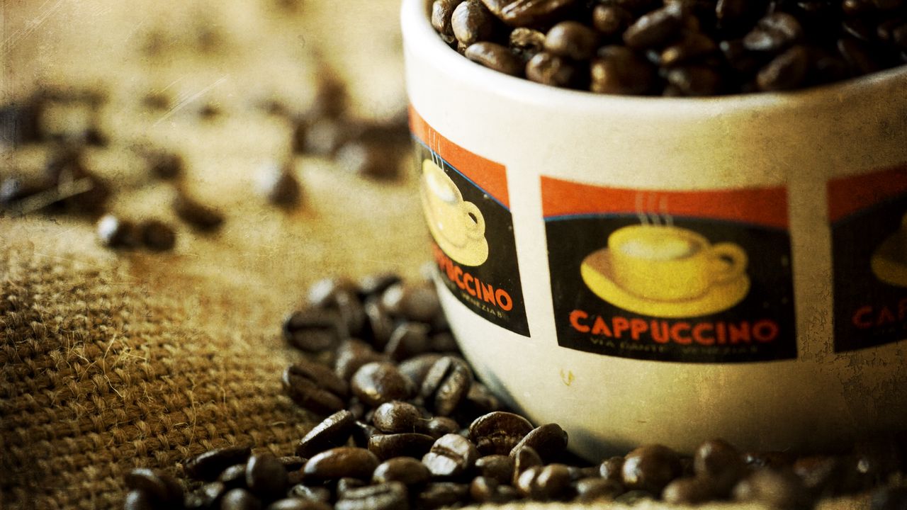 Wallpaper coffee, cup, cappuccino, grains, bag
