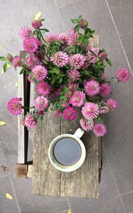 Preview wallpaper coffee, cup, clover, flowers, bouquet