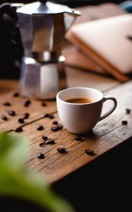 Preview wallpaper coffee, cup, coffee beans, kettle, table