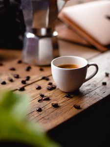 Preview wallpaper coffee, cup, coffee beans, kettle, table