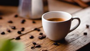 Preview wallpaper coffee, cup, coffee beans, kettle, table