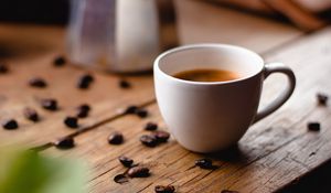 Preview wallpaper coffee, cup, coffee beans, kettle, table