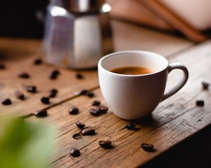 Preview wallpaper coffee, cup, coffee beans, kettle, table