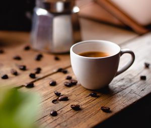 Preview wallpaper coffee, cup, coffee beans, kettle, table