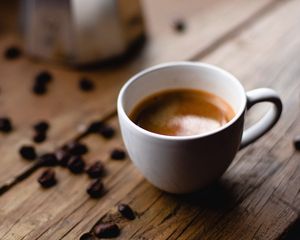 Preview wallpaper coffee, cup, coffee beans, surface, wooden