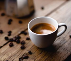 Preview wallpaper coffee, cup, coffee beans, surface, wooden