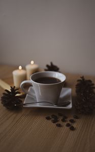 Preview wallpaper coffee, cup, coffee beans, pine cones, candles