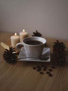 Preview wallpaper coffee, cup, coffee beans, pine cones, candles