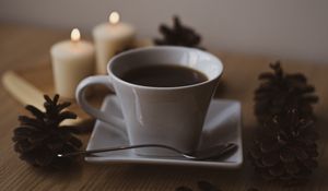 Preview wallpaper coffee, cup, coffee beans, pine cones, candles