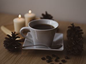Preview wallpaper coffee, cup, coffee beans, pine cones, candles