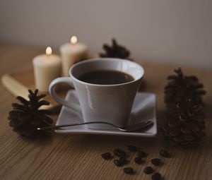 Preview wallpaper coffee, cup, coffee beans, pine cones, candles