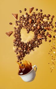 Preview wallpaper coffee, cup, coffee beans, nuts, splashes