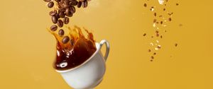 Preview wallpaper coffee, cup, coffee beans, nuts, splashes