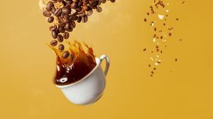 Preview wallpaper coffee, cup, coffee beans, nuts, splashes