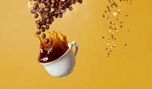 Preview wallpaper coffee, cup, coffee beans, nuts, splashes