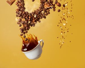 Preview wallpaper coffee, cup, coffee beans, nuts, splashes