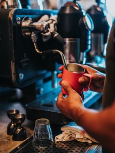 Preview wallpaper coffee, cup, coffee machine, hands, barista
