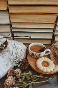 Preview wallpaper coffee, cup, cookies, books