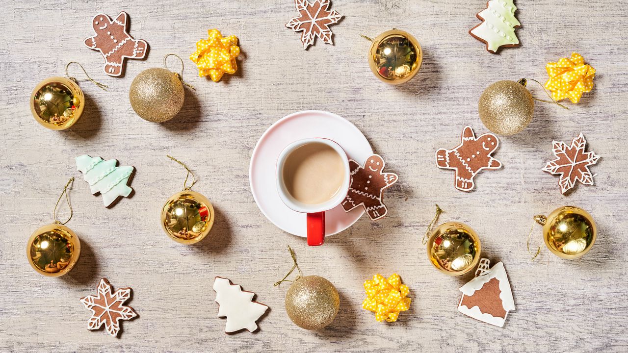 Wallpaper coffee, cup, cookies, balls, decorations, new year, christmas