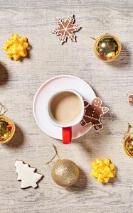 Preview wallpaper coffee, cup, cookies, balls, decorations, new year, christmas