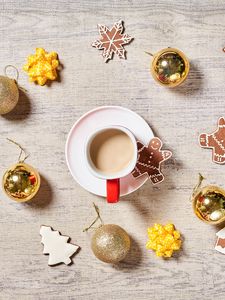 Preview wallpaper coffee, cup, cookies, balls, decorations, new year, christmas