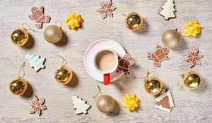 Preview wallpaper coffee, cup, cookies, balls, decorations, new year, christmas