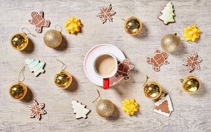 Preview wallpaper coffee, cup, cookies, balls, decorations, new year, christmas