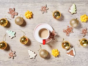 Preview wallpaper coffee, cup, cookies, balls, decorations, new year, christmas