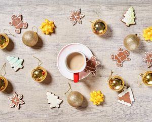 Preview wallpaper coffee, cup, cookies, balls, decorations, new year, christmas