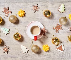 Preview wallpaper coffee, cup, cookies, balls, decorations, new year, christmas