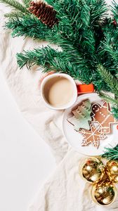 Preview wallpaper coffee, cup, cookies, needles, new year, christmas