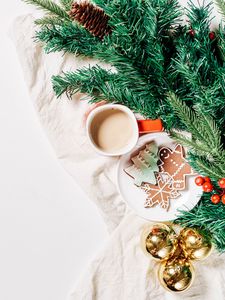 Preview wallpaper coffee, cup, cookies, needles, new year, christmas