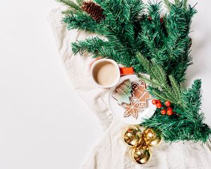 Preview wallpaper coffee, cup, cookies, needles, new year, christmas
