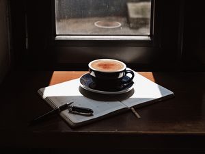 Preview wallpaper coffee, cup, drink, newspaper, window, room