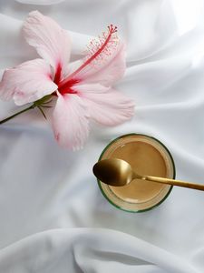 Preview wallpaper coffee, cup, flower, spoon, cloth