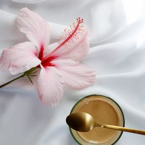 Preview wallpaper coffee, cup, flower, spoon, cloth