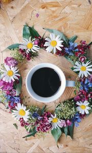 Preview wallpaper coffee, cup, flowers, wreath, surface