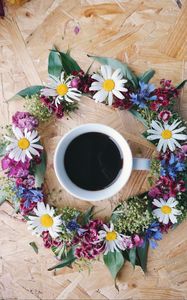 Preview wallpaper coffee, cup, flowers, wreath, surface