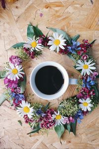 Preview wallpaper coffee, cup, flowers, wreath, surface