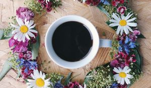 Preview wallpaper coffee, cup, flowers, wreath, surface